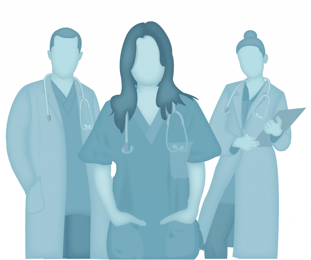 Three healthcare professionals standing in a row, illustrated in Visual Abstract style.