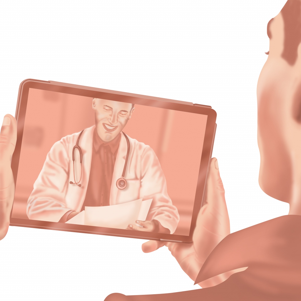 Visual Abstract style illustration of a man having a video consultation with a doctor through a tablet device.