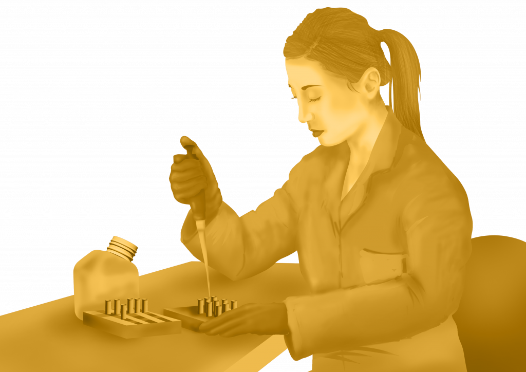 Visual Abstract style illustration of a researcher conducting R&D experiments in a modern laboratory.